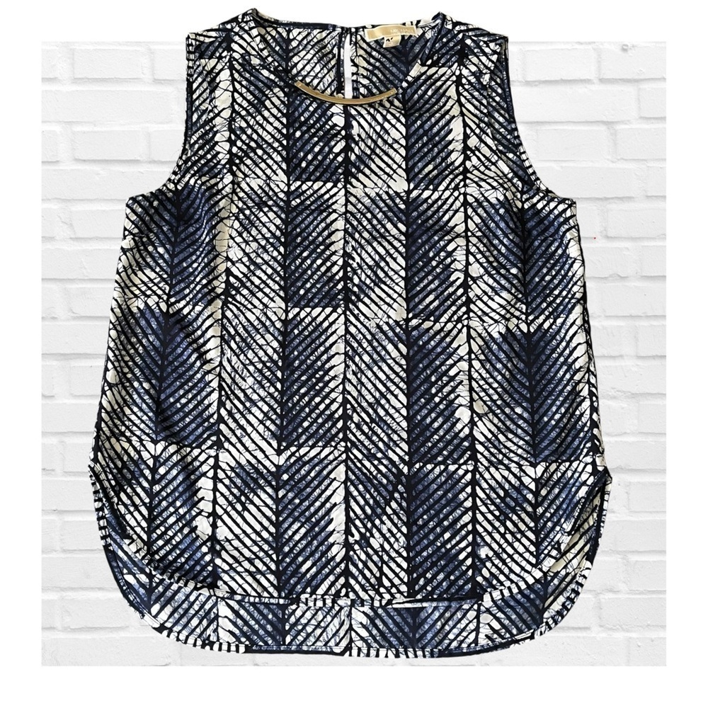 Michael Kors Blue and White String Tie Dye Sleeveless Keyhole Tunic Shirt Size L